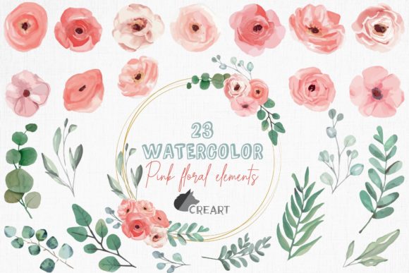 Pink Flowers Clip Art for Print Templates & Branding